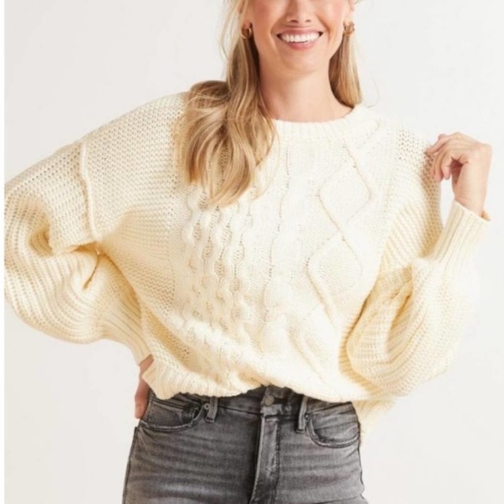 Free People Dream Cable Crew Sweater Cream Chunky Knit Slouchy Boho-Small - Picture 3 of 12